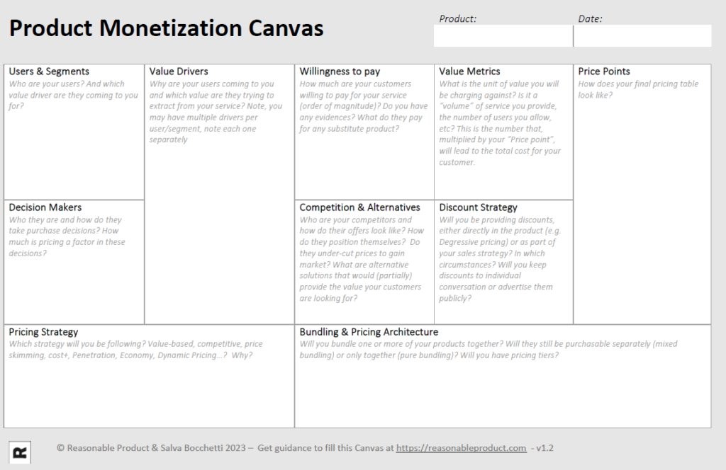 The Product Monetization Canvas makes product pricing and pricing strategy and easy and visual activity
