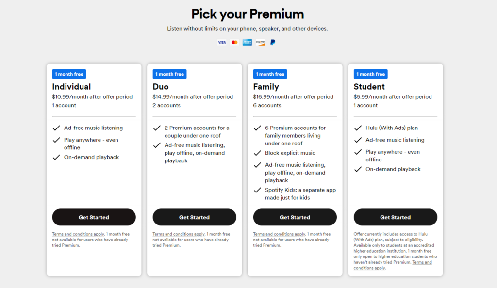 At Spotify.com, the price of each plan is clearly visible